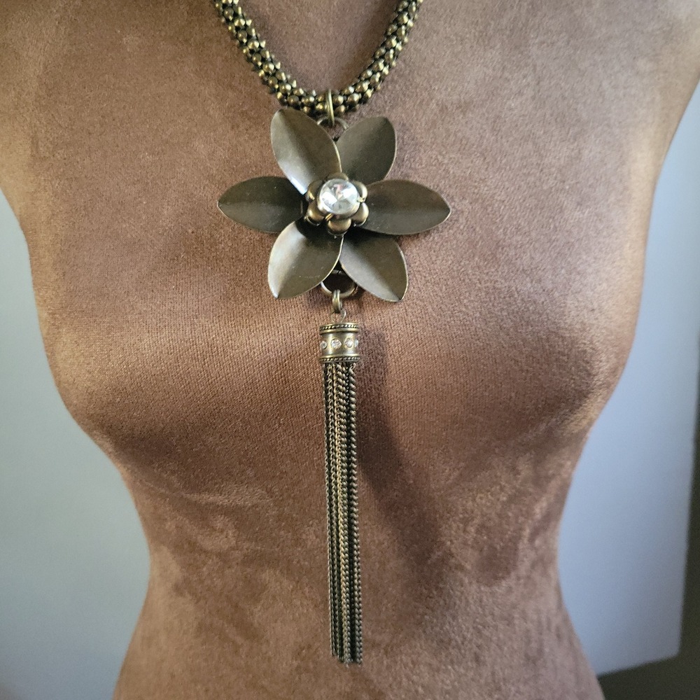 Antique Bronze Flower Tassel Pendant Necklace 18in Adjustable Whimsigoth